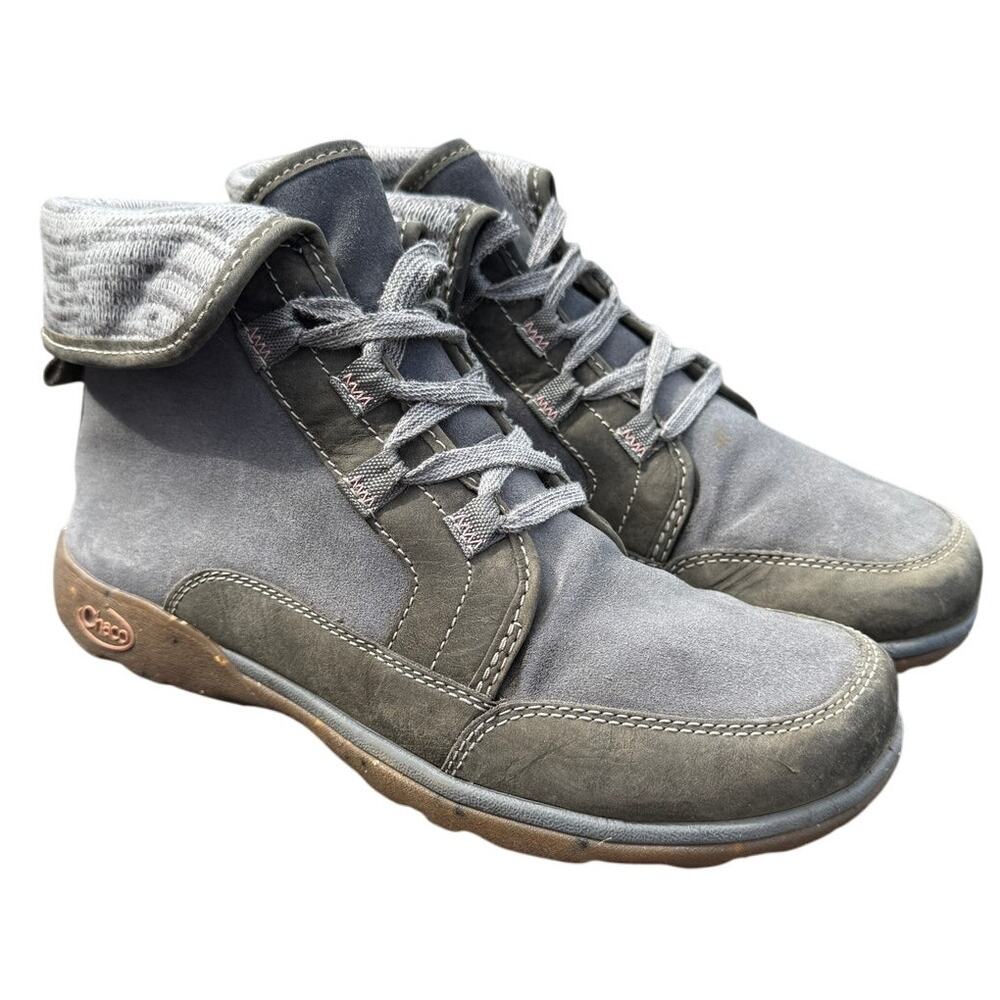 Chaco Women’s Gray Suede Ankle Hiking Boots Size 8M Lace-Up Knit Cuff Outdoor - Picture 1 of 6